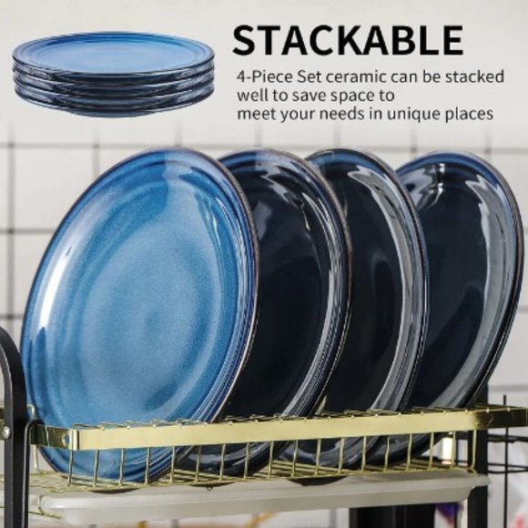 10" Ceramic Dinner Plates - Large Porcelain Dinner Plates - Set of 4 (Blue) - Picture 5 of 13